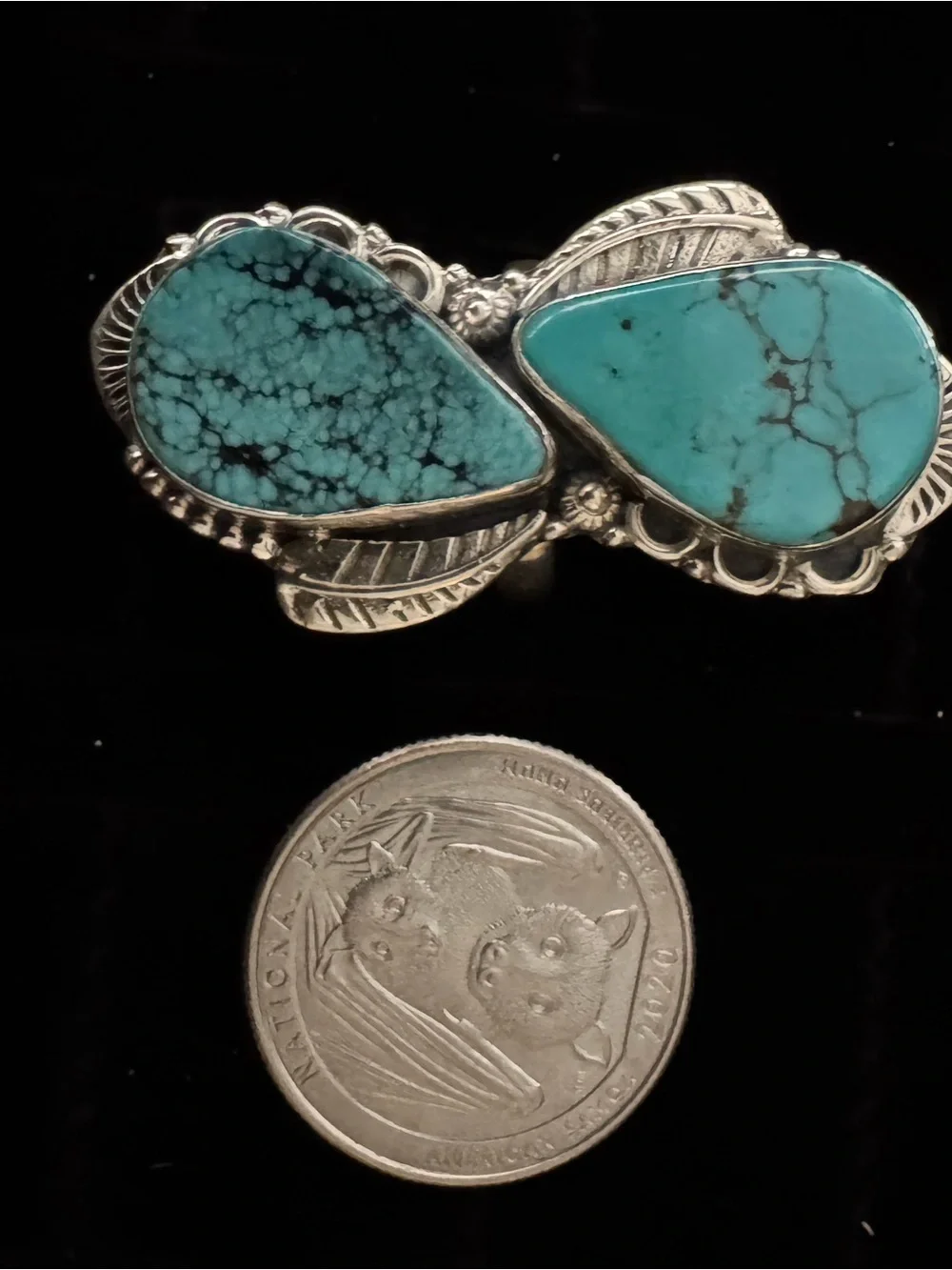 Genuine kingman Turquoise Double Teardrop Statement Ring -‎ sterling Silver